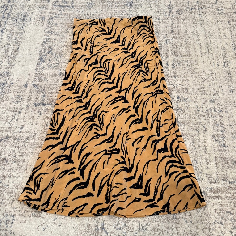 MADEWELL 100% Silk Tiger Stripe Midi Skirt Tan Black Animal Print Size 0